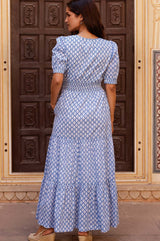 Billie Short Sleeve Organic Cotton Dress | Flower Stamp Cornflower/White