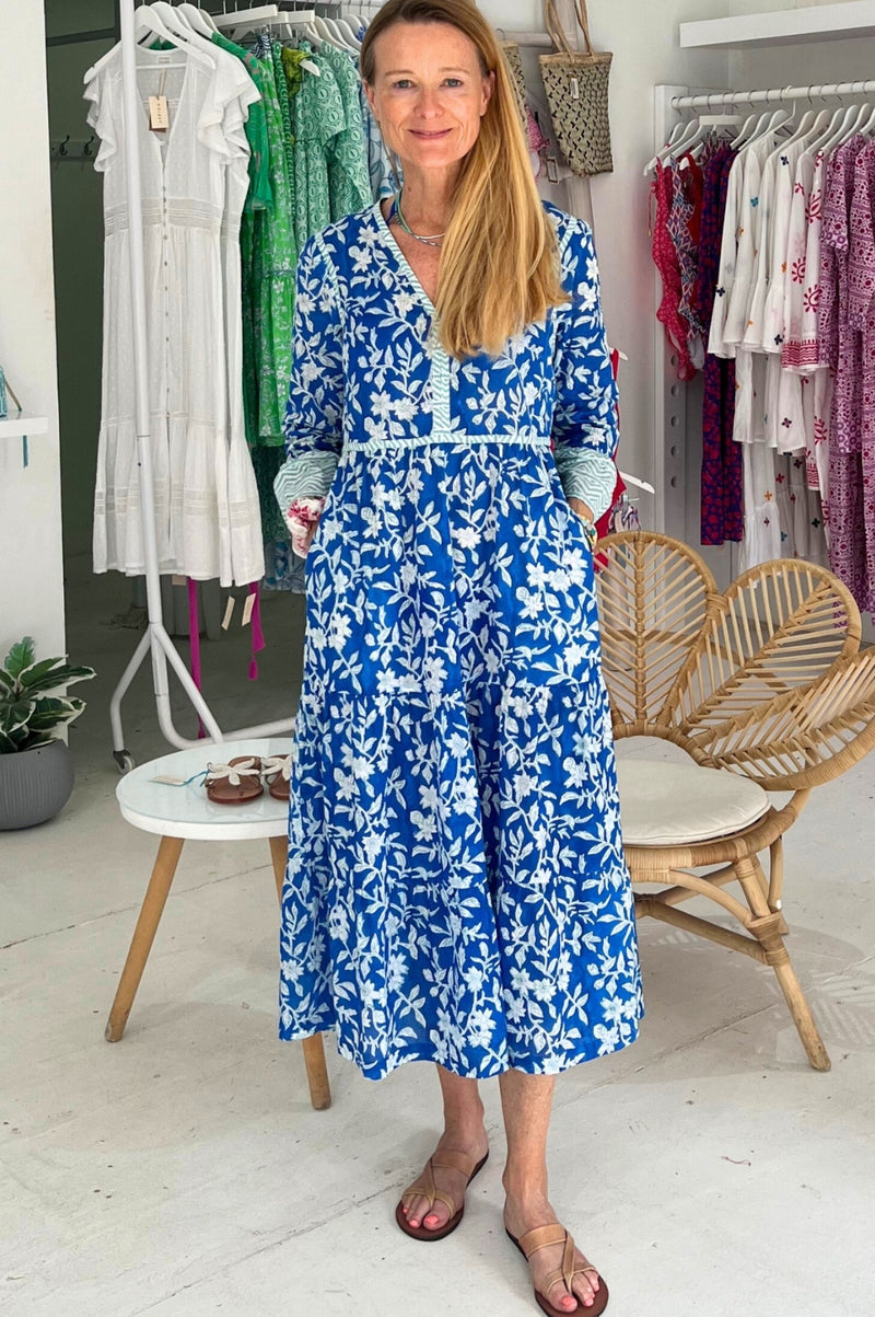 Hayden Block Print Dress | Japanese Cobalt