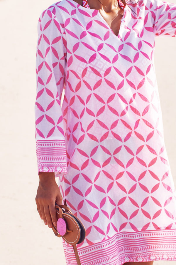 Guadalupe Short Organic Cotton Tunic | Shibori White/Pink