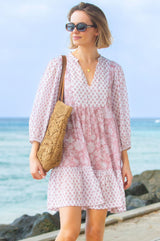 Marina Organic Cotton Print Mix Dress | Blossom Print Dusty Pink/White