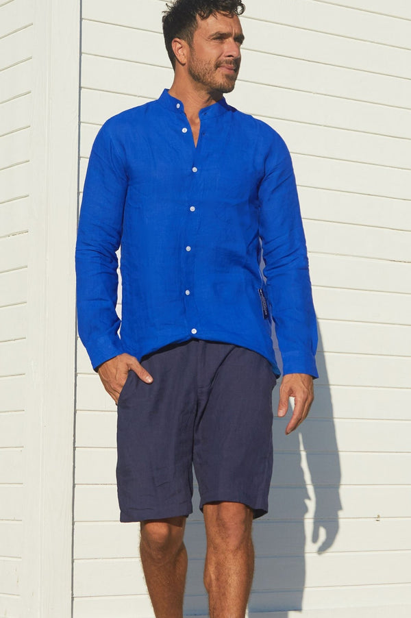 Men's Nehru Collar Linen Shirt | Cobalt Blue