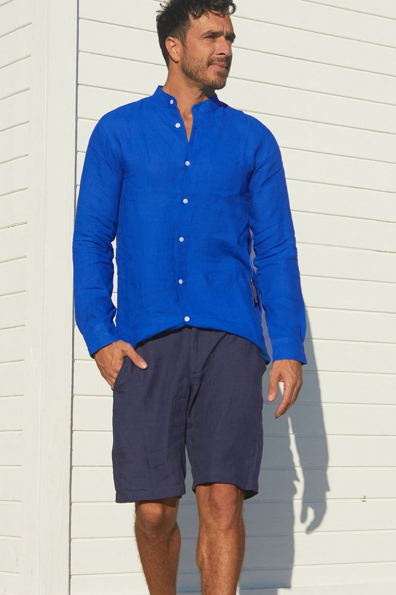 Men's Nehru Collar Linen Shirt | Cobalt Blue
