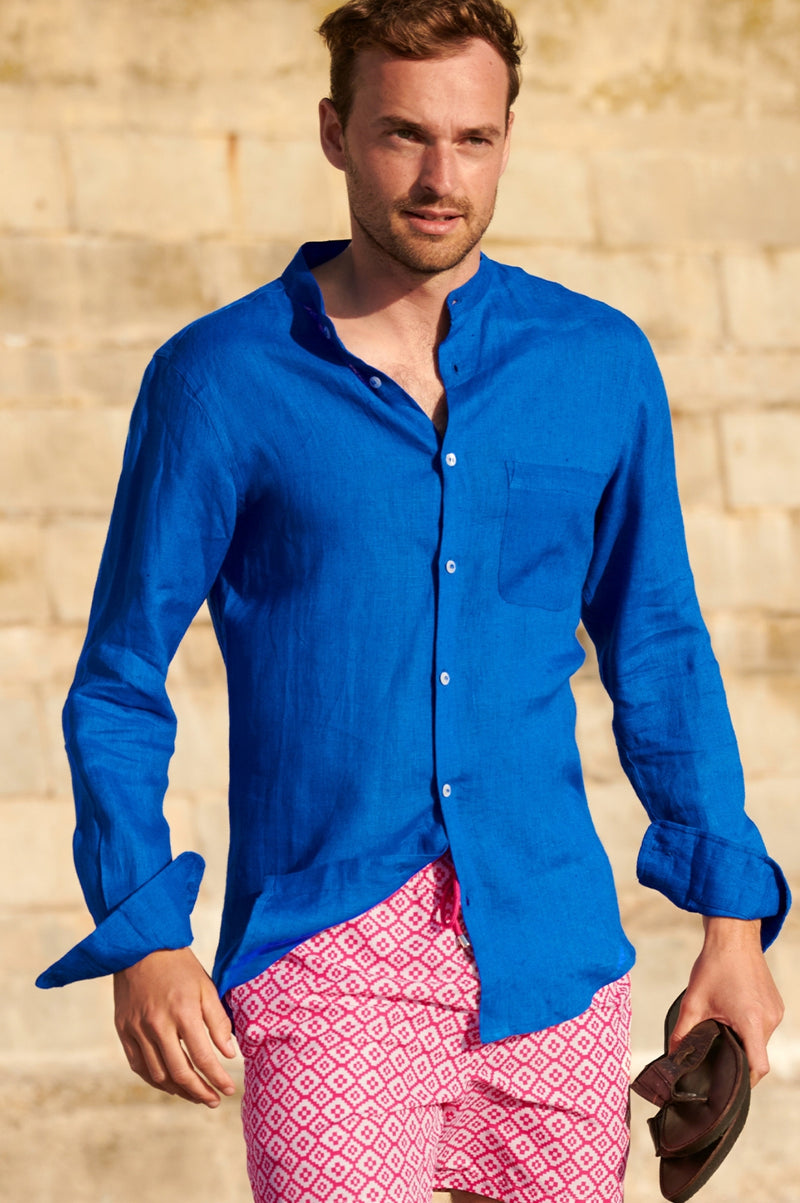 Aspiga Men's Sustainable Linen Nehru Collar Premium Linen Shirt Cobalt Blue Summer Holiday Aspiga Men's Sustainable Linen Nehru Collar Premium Linen Shirt Cobalt Blue Summer Holiday