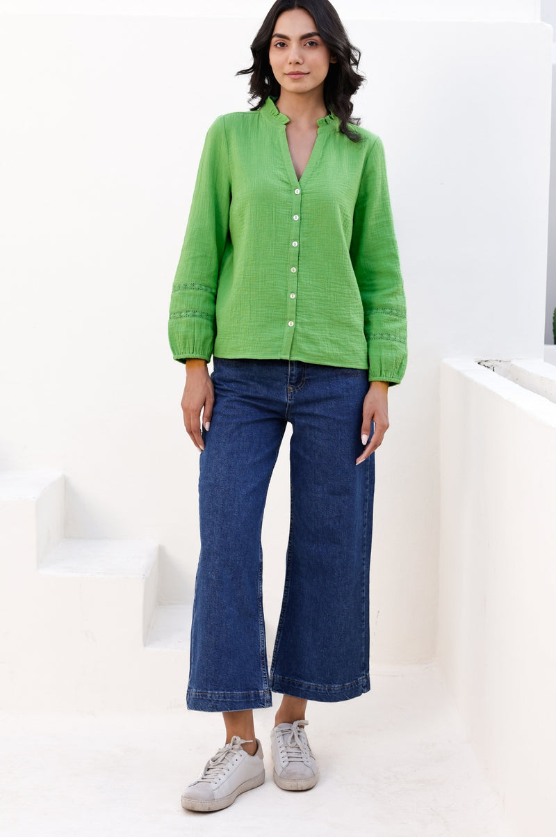 Mina Organic Cotton Cheesecloth Blouse | Green