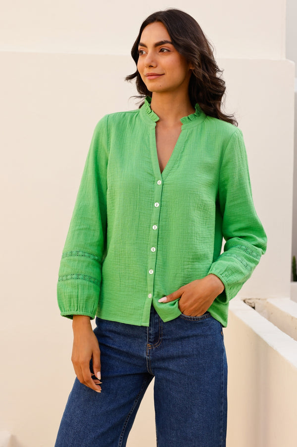 Mina Organic Cotton Cheesecloth Blouse | Green
