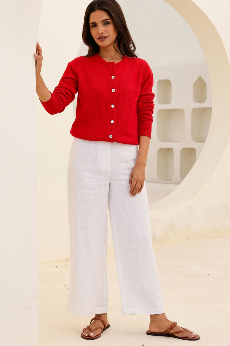 Wide Leg Linen Cropped Trousers | White
