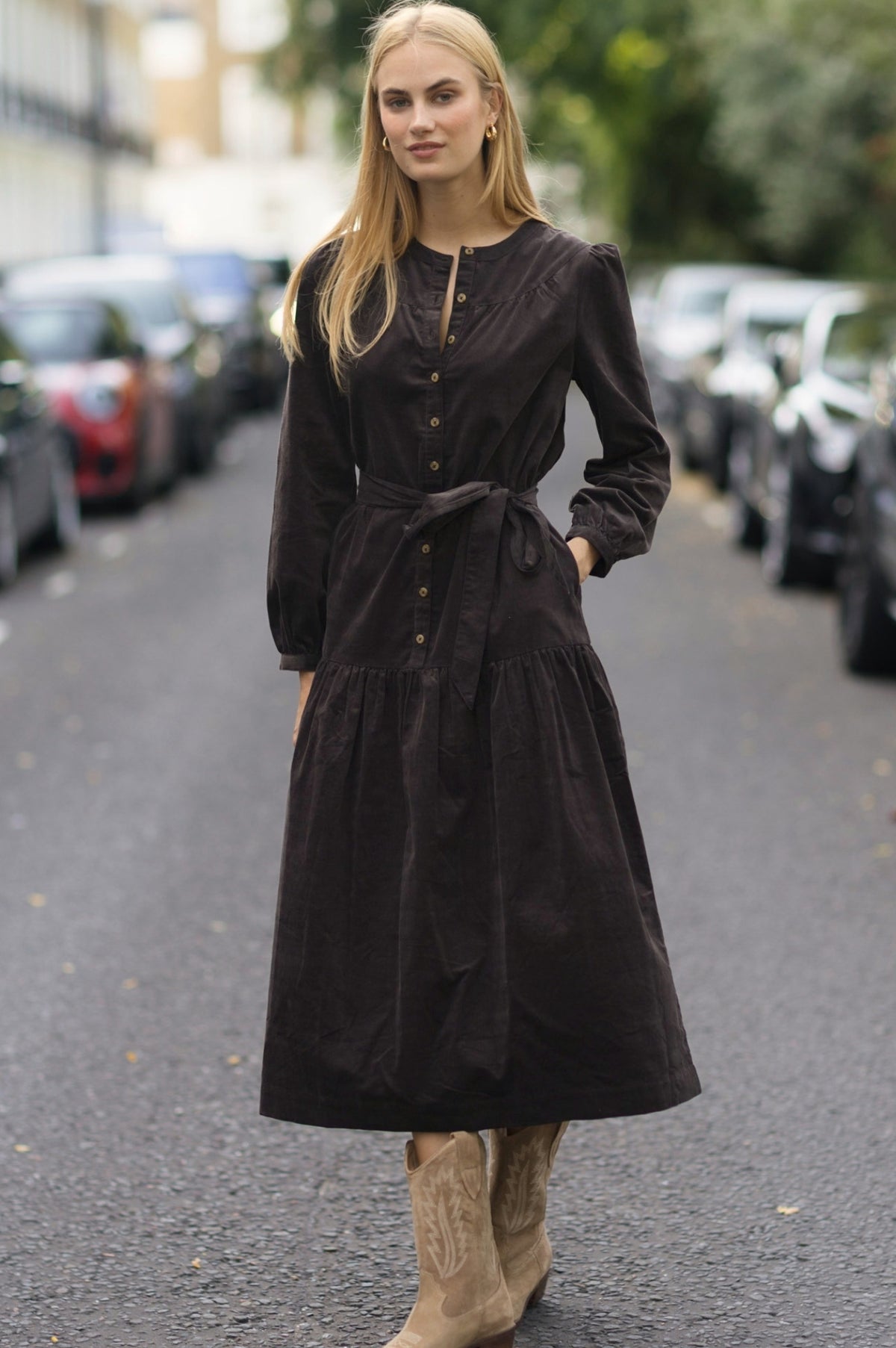 Aspiga Ladies Sustainable Baby Cord Midi Dress in Chocolate Day Dress