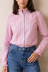 Frill Collar Stripe Blouse | Pink/White/Blue