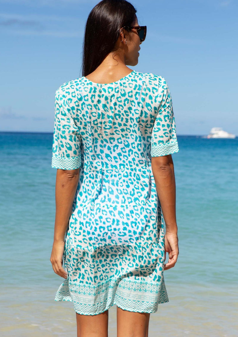 Santorini Kaftan | Soft Cheetah White/Turquoise