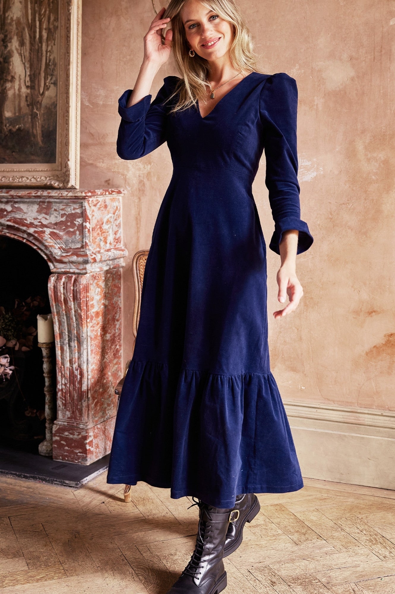 Victoria V-Neck Long Sleeve Stretch Corduroy Dress | Atlantic Blue