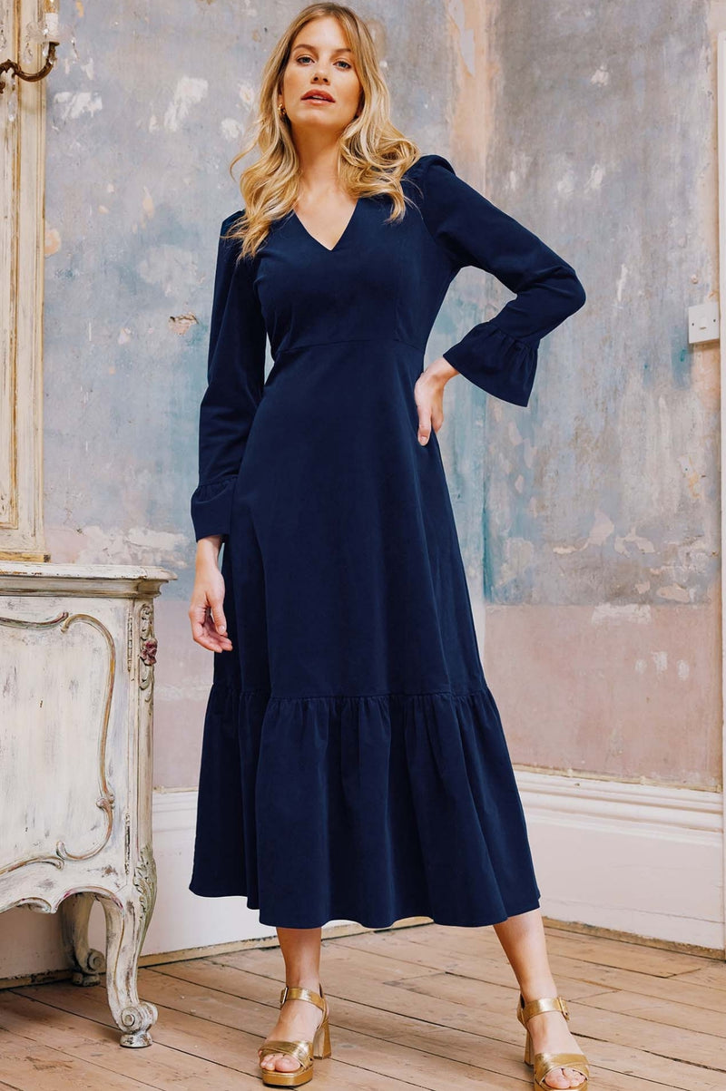 Victoria V-Neck Long Sleeve Stretch Corduroy Dress | Atlantic Blue