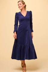 Victoria V-Neck Long Sleeve Stretch Corduroy Dress | Atlantic Blue