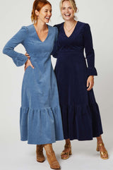 Victoria V-Neck Long Sleeve Stretch Corduroy Dress | Atlantic Blue