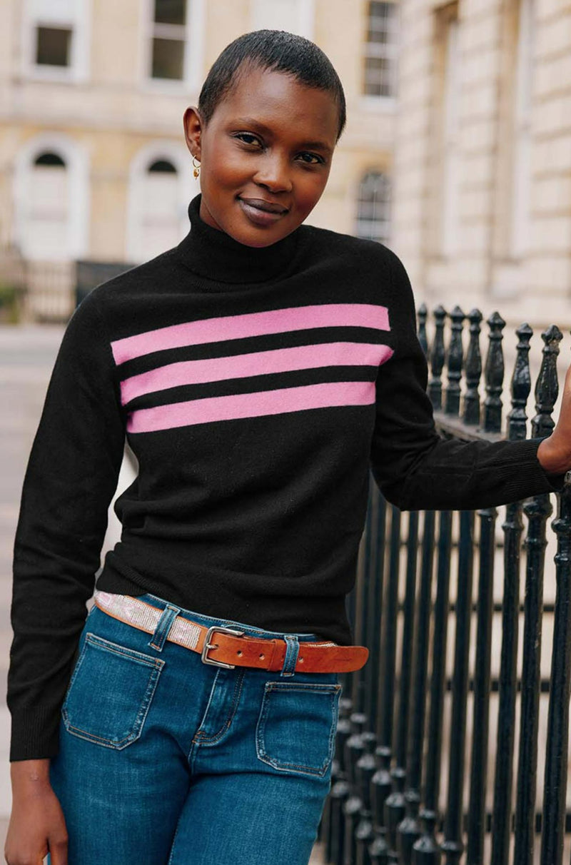 Aspiga Ladies Sustainable Merino Wool Striped Black Pink Slim Fit Polo Neck