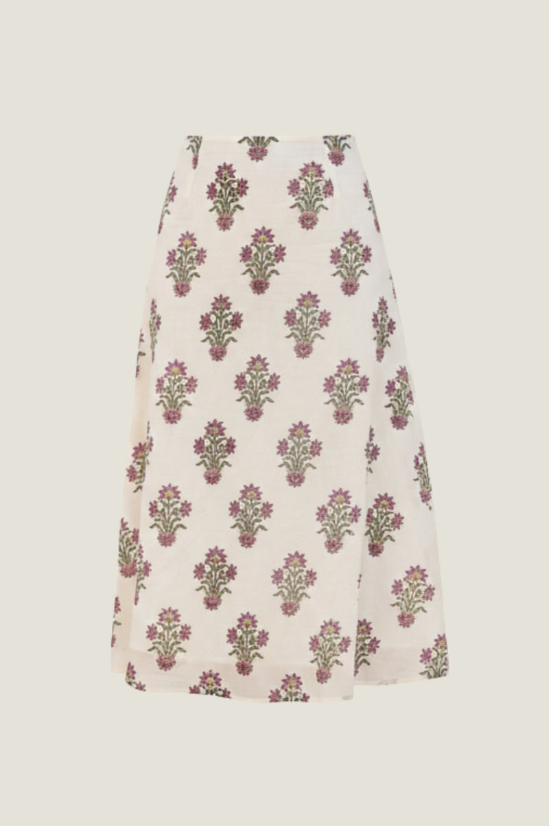 Neve Organic Cotton Block Print Skirt | Antique Wildflower Cream/Red/Green