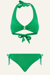 Halter Recycled Bikini and Tunnel Side Bottoms | Broderie Green