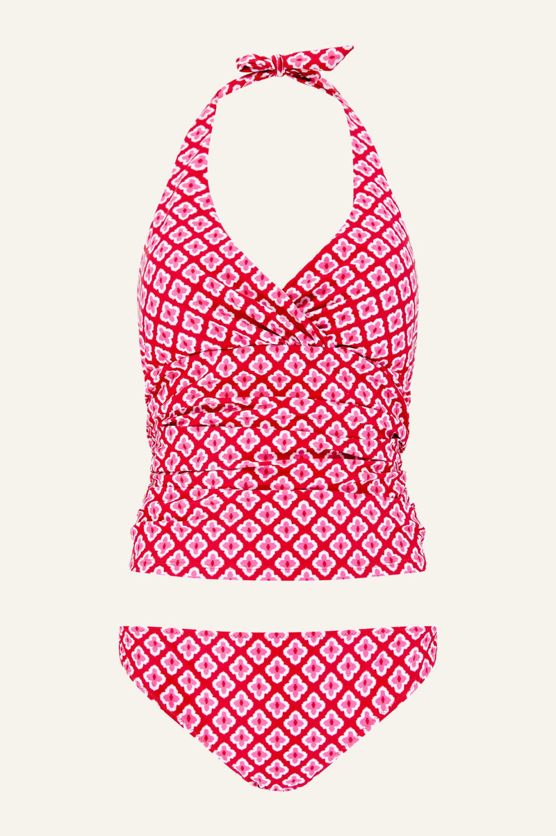 Recycled Ruched Tankini | Diamond Geo Red/Pink