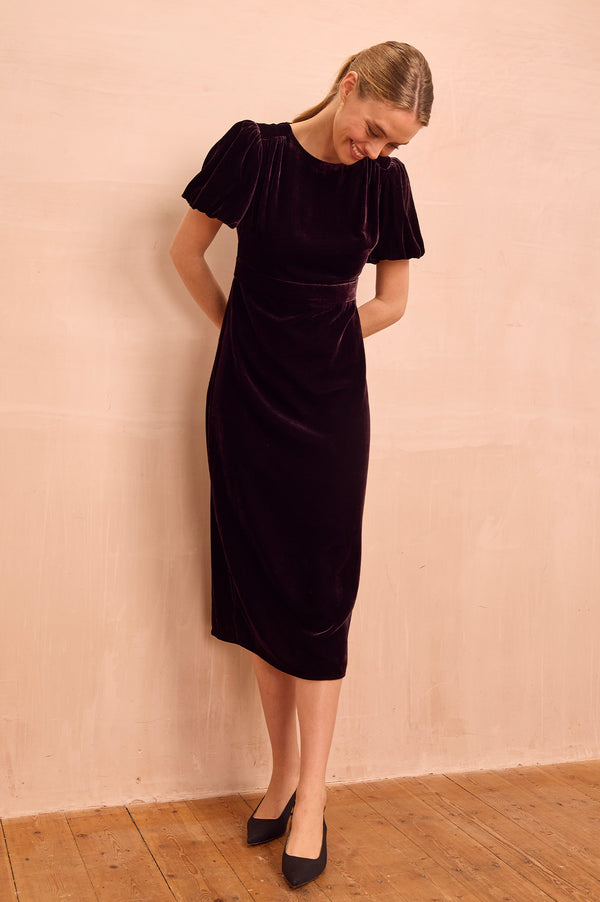 Dulcie Velvet Puff Sleeve Dress | Aubergine
