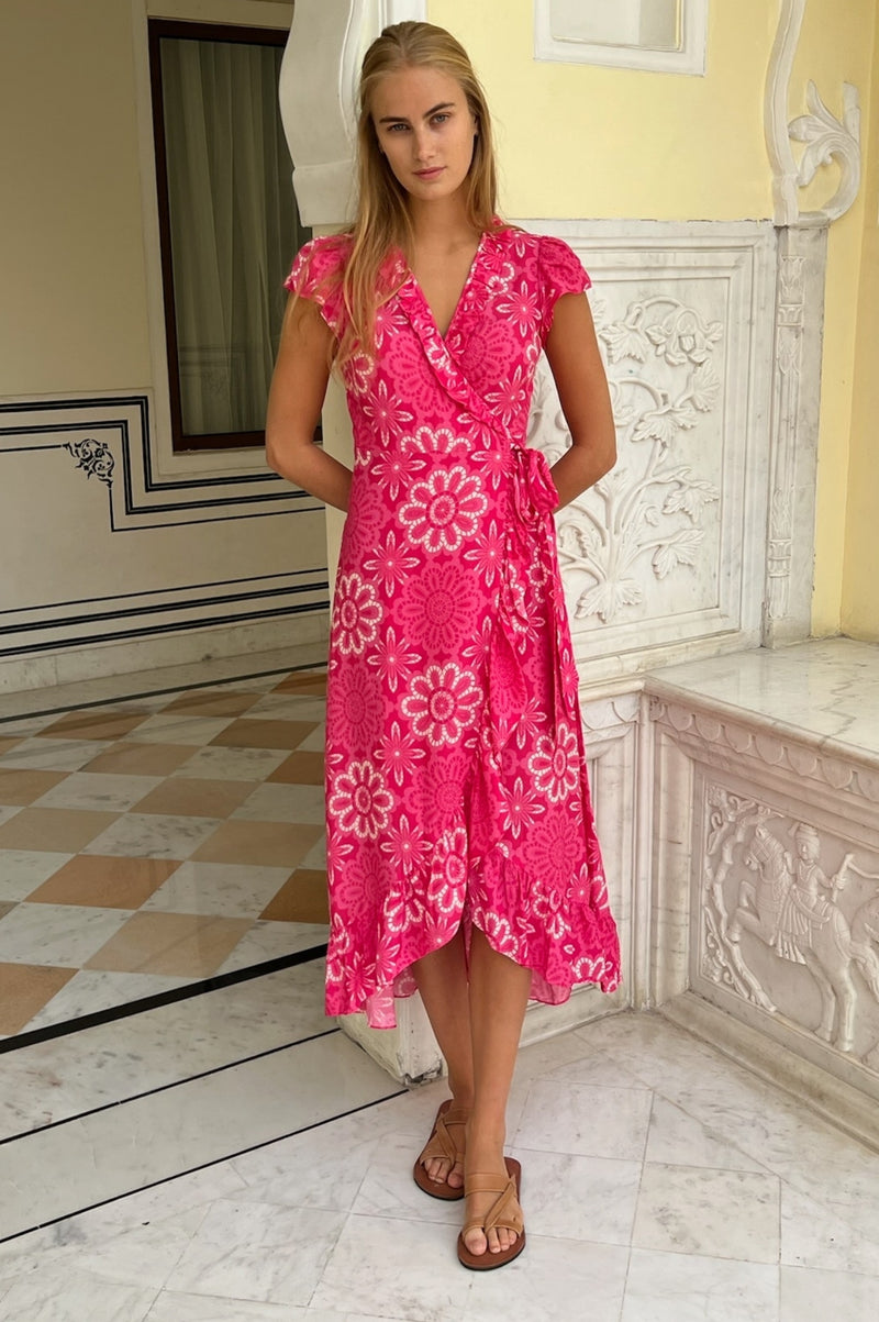 Demi EcoVero™ Wrap Dress | Lace floral Pink/White