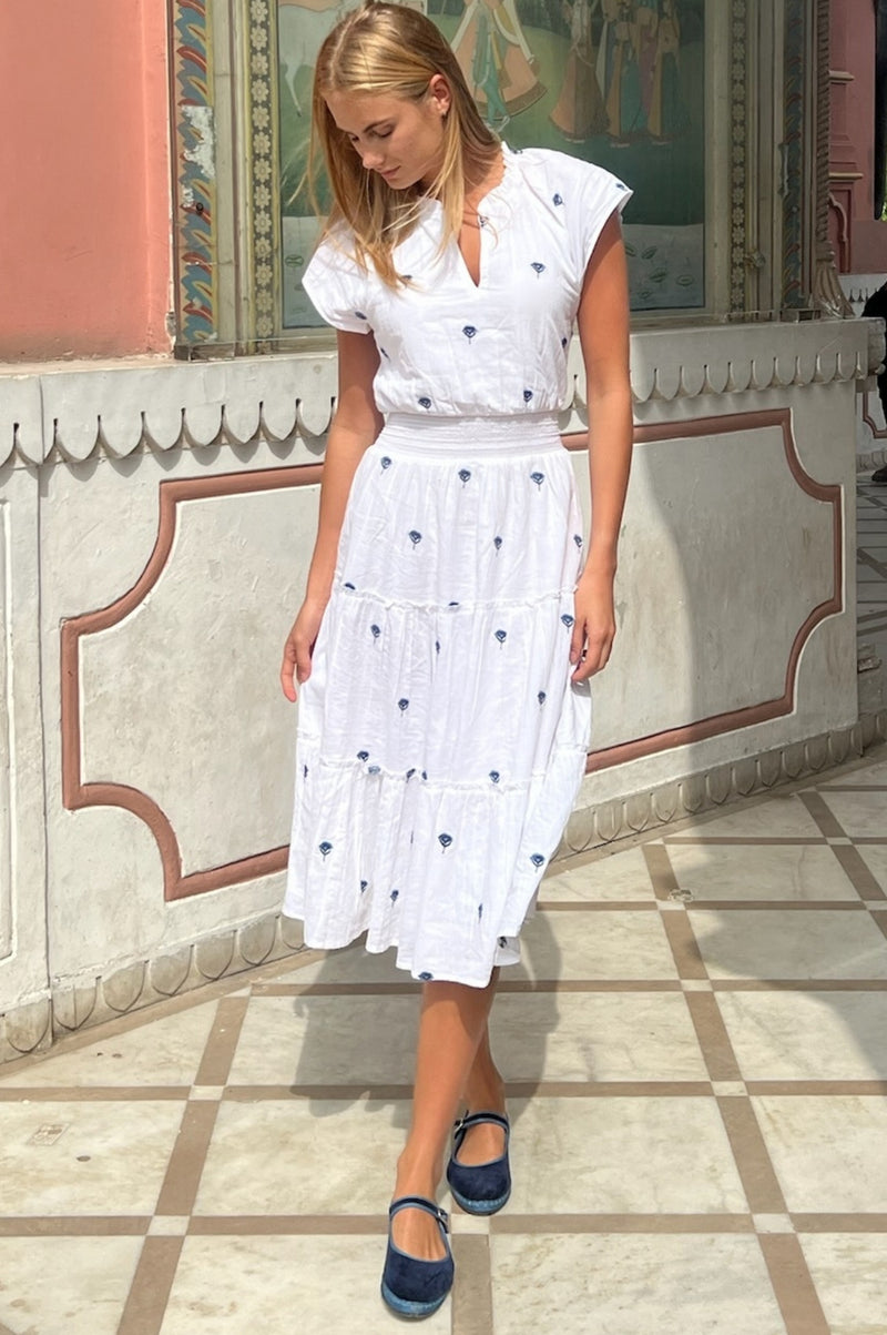 Riley Embroidered Organic Cotton Dress | White/Blue