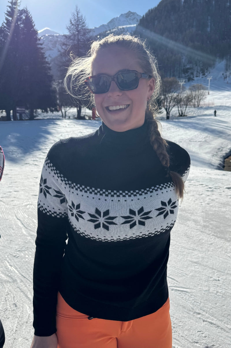Merino Wool Snowflake Fairisle Polo Neck Jumper | Black/Cream