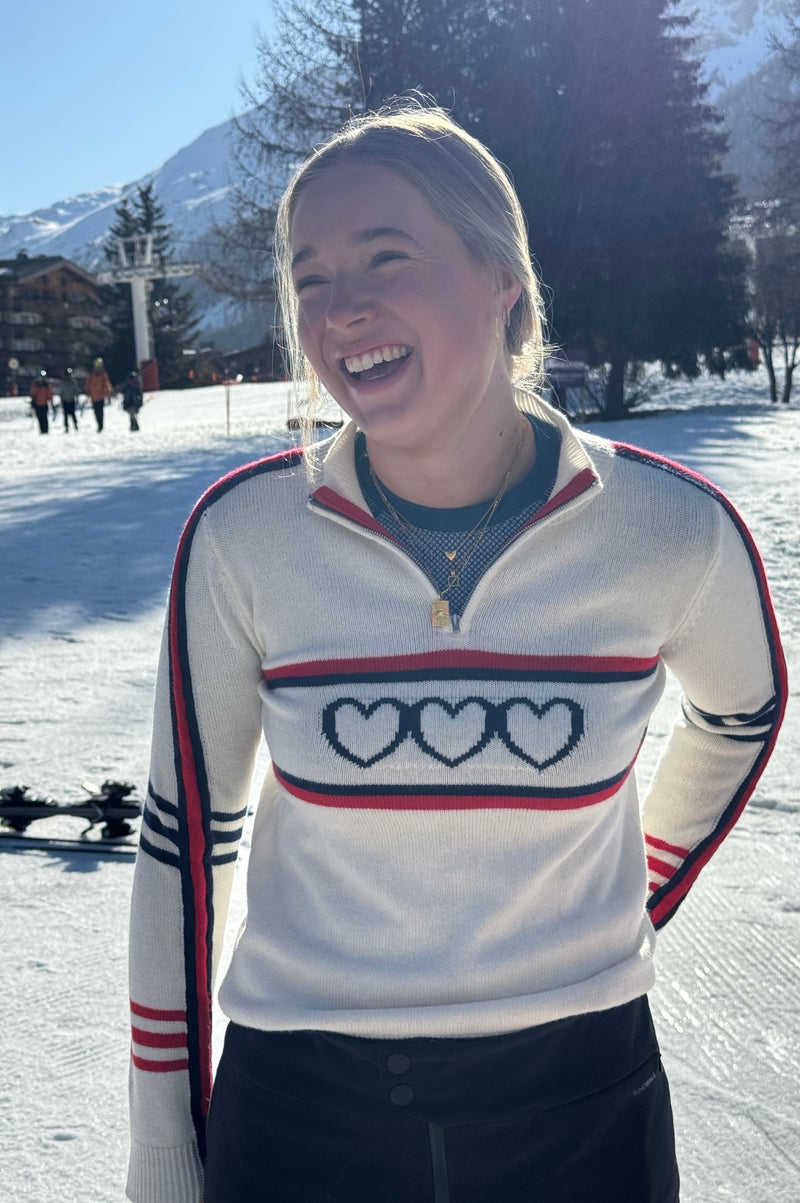 Merino Wool Stripe Hearts Quarter Zip | Cream/Red/Navy
