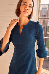 Jocelyn V-Neck 3/4 Sleeve Stretch Corduroy Dress | Peacock Blue