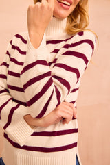 Cashmere Blend Striped Roll Neck Jumper | Cream/Fig