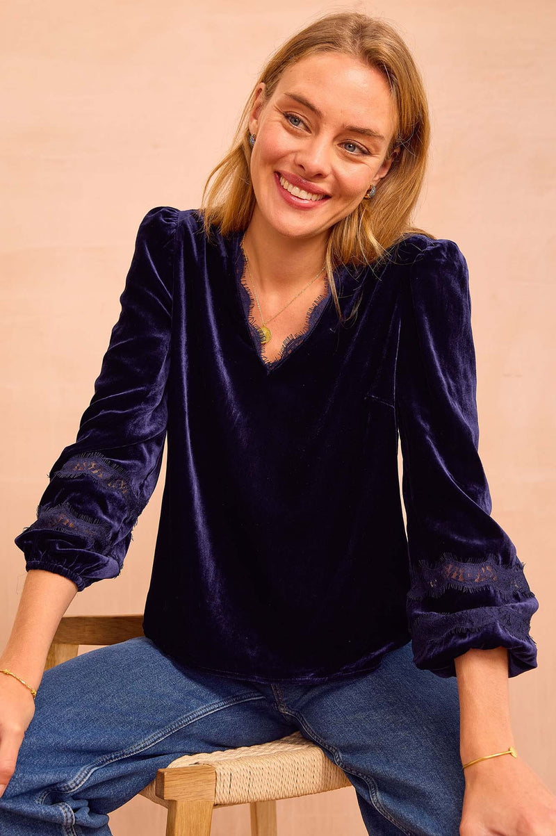 Claudette Velvet Lace Blouse | Navy