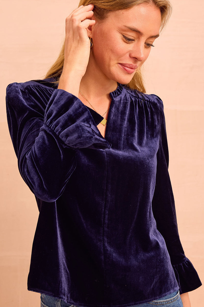 Astrid Velvet V-Neck Top | Navy