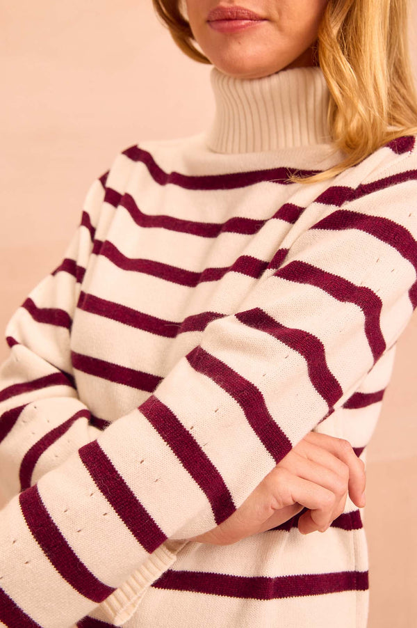 Cashmere Blend Striped Roll Neck Jumper | Cream/Fig