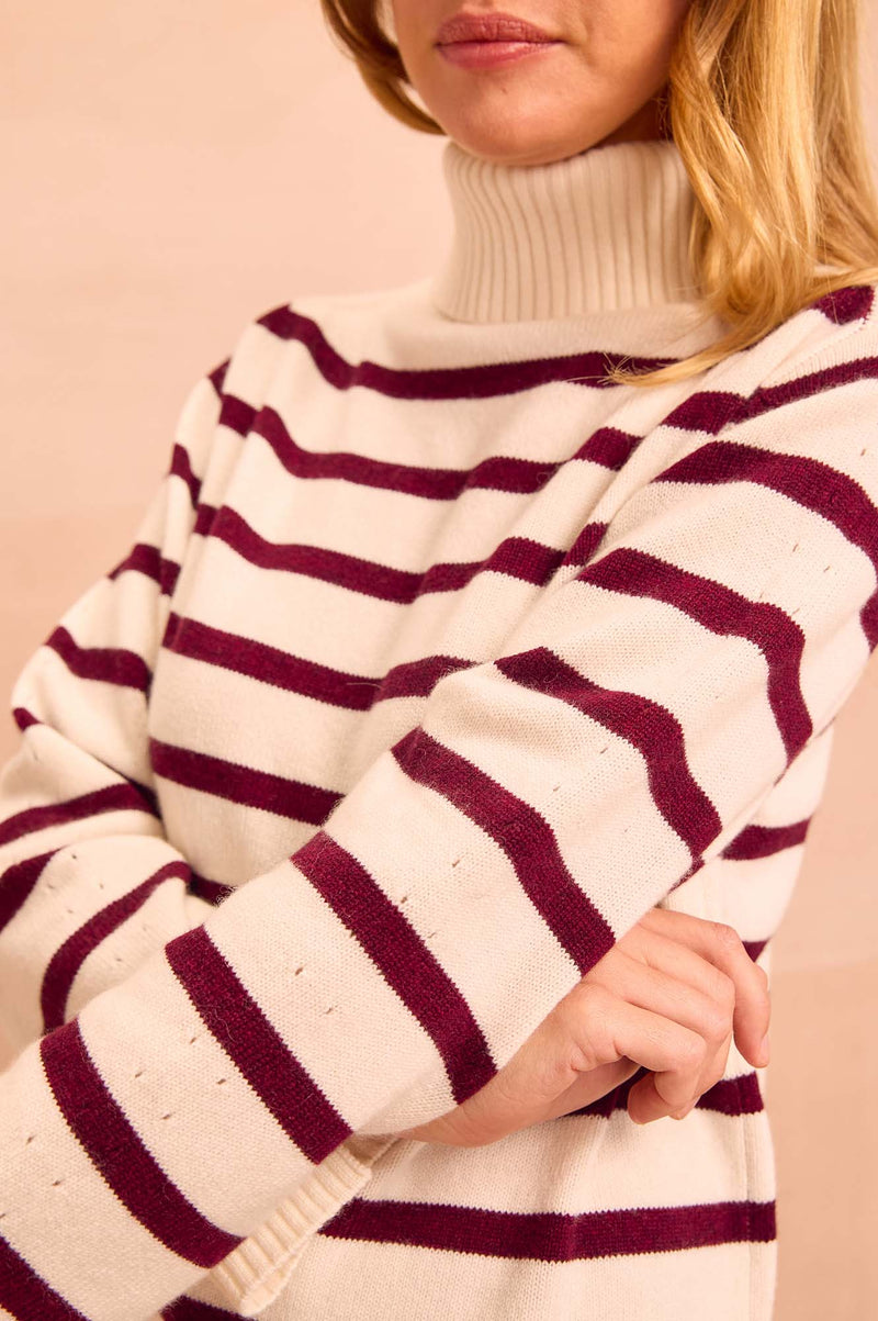 Cashmere Blend Striped Roll Neck Jumper | Cream/Fig
