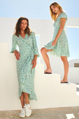 Demi-Long Sleeve-Wrap Dress-Daisy-Flower-Cream-Verdigris