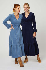 Victoria V-Neck Long Sleeve Stretch Corduroy Dress | Atlantic Blue