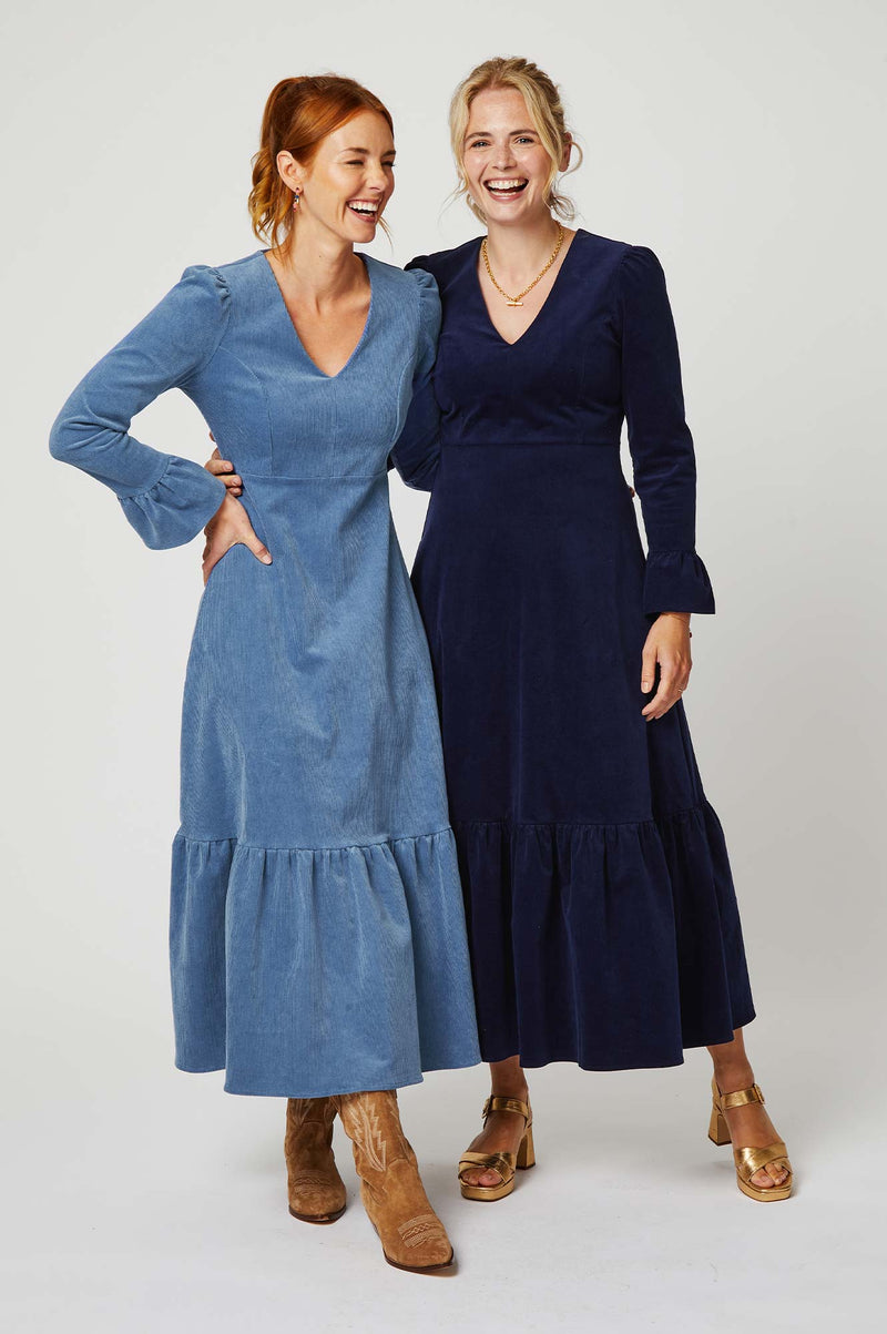 Victoria V-Neck Long Sleeve Stretch Corduroy Dress | Atlantic Blue