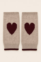 Merino Wool Fingerless Heart Gloves | Oat/Bugundy