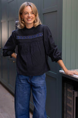 Seersucker Embroidered Blouse | Navy