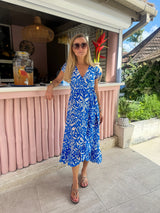 Demi Organic Cotton Wrap Dress | Cobalt/White