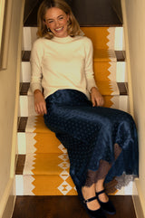 Satin Jacquard Spot Slip Skirt | Navy