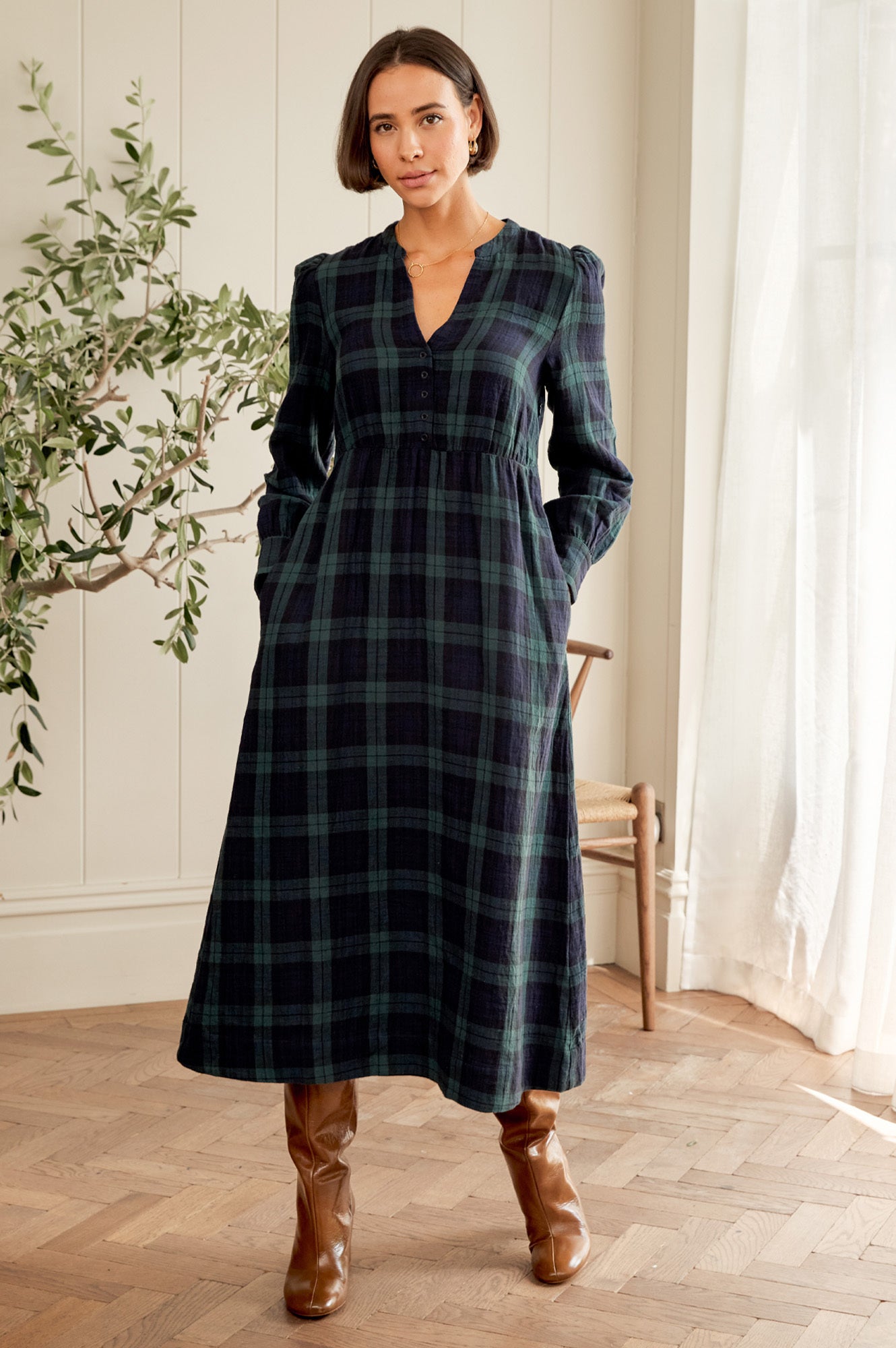 Harper Checked Double Cloth Organic Cotton Dress | Navy/Green