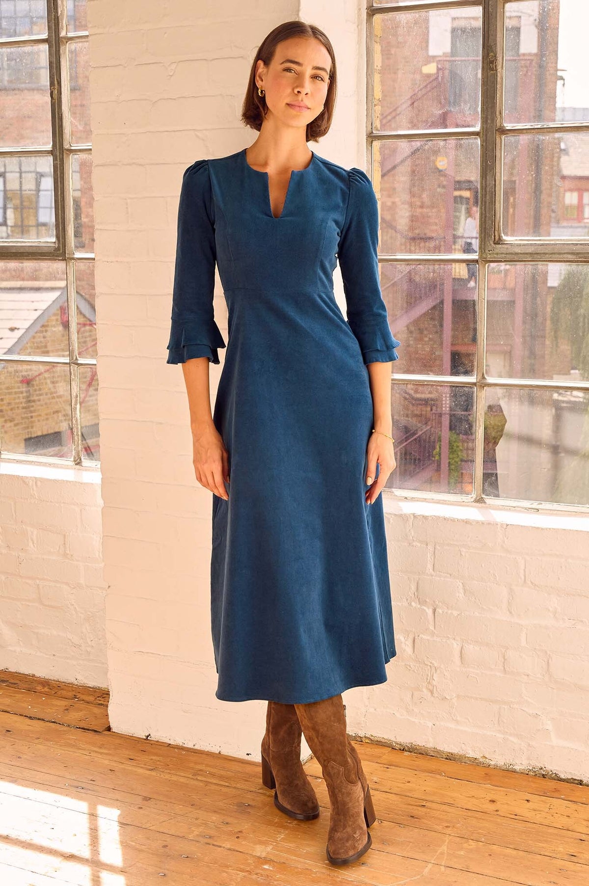 Aspiga Women's Ladies Sustainable Jocelyn V-Neck 3/4 Sleeve Corduroy Organic Cotton Dress - Blue - Casual dresses Aspiga Women's Ladies Sustainable Jocelyn V-Neck 3/4 Sleeve Corduroy Organic Cotton Dress - Blue - Casual dresses