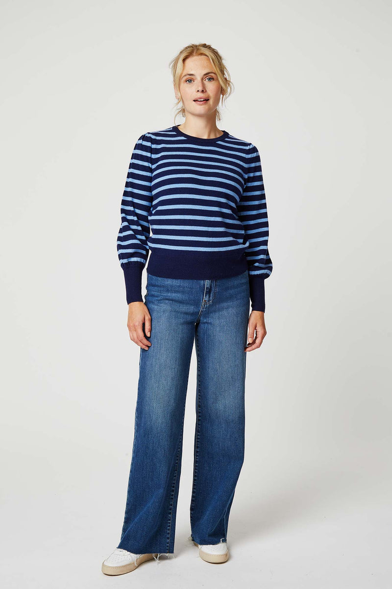 Striped Crew Neck Merino Jumper | Navy/Serene Blue