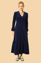 Victoria V-Neck Long Sleeve Stretch Corduroy Dress | Atlantic Blue