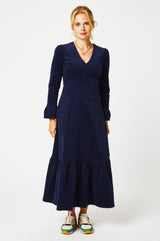 Victoria V-Neck Long Sleeve Stretch Corduroy Dress | Atlantic Blue