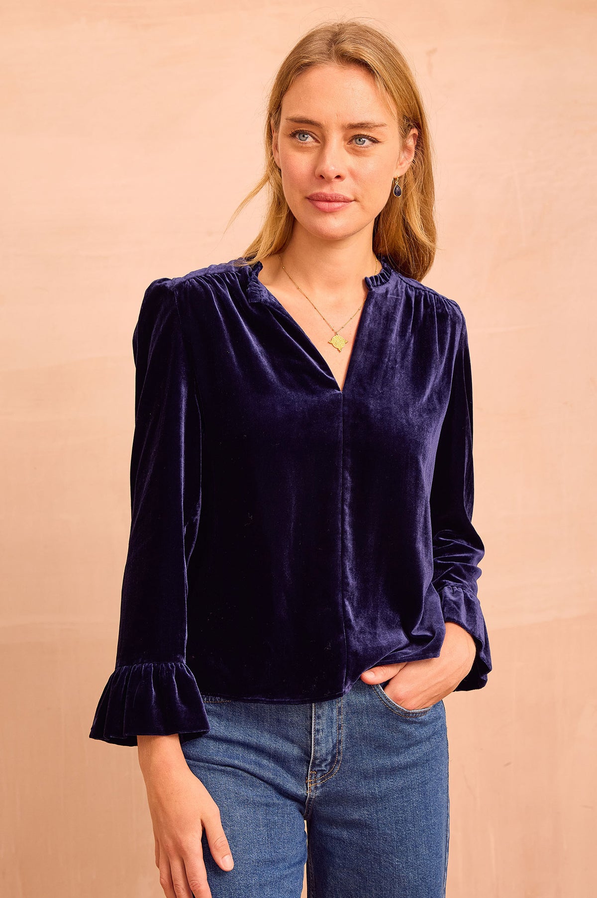 Aspiga Ladies Ethical Astrid Velvet V-Neck Fluttered Sleeve Top Navy