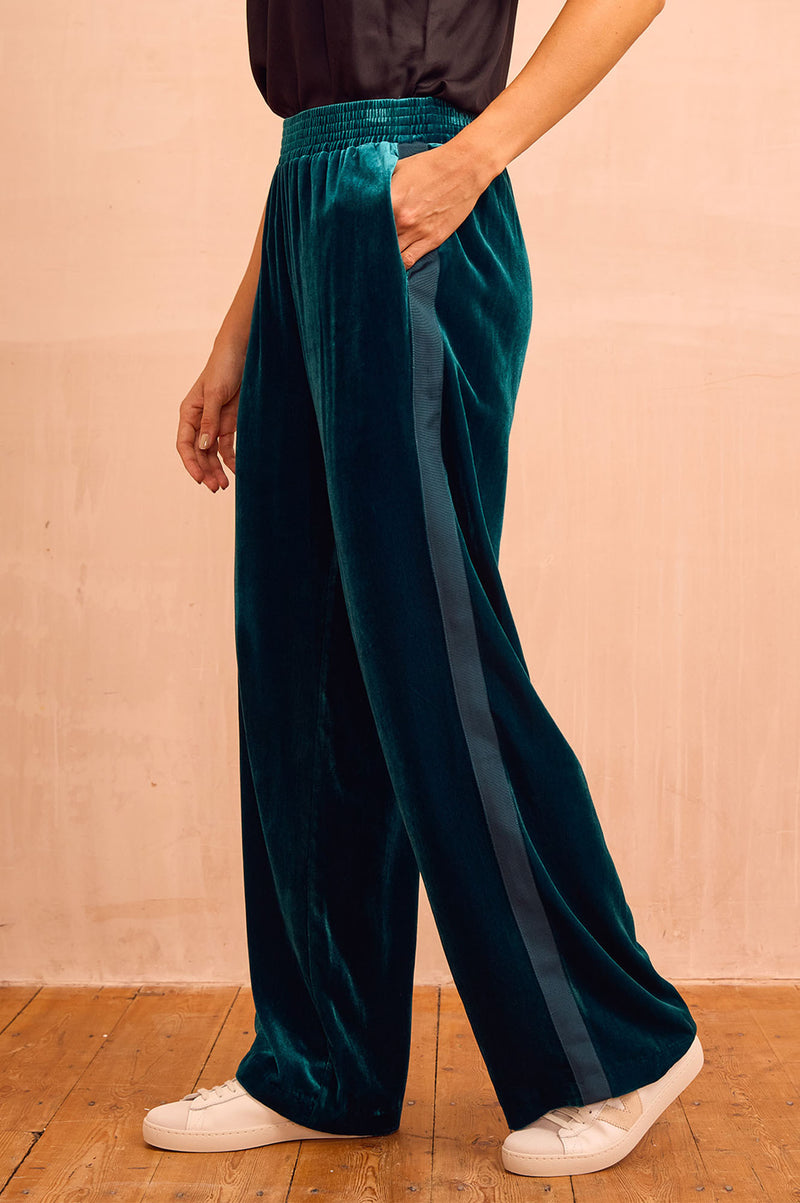 Velvet Side Stripe Trousers | Teal