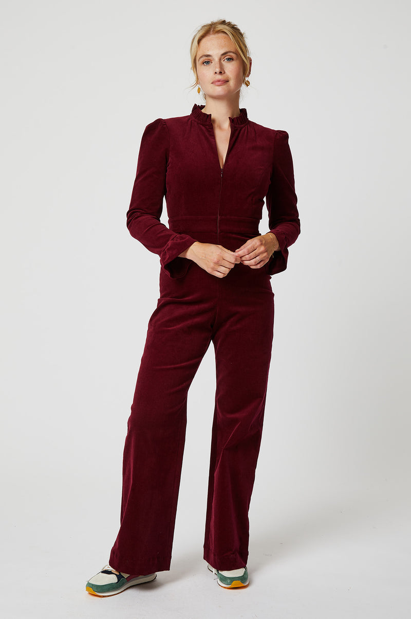 Aspiga Ladies Sustainable Zip Front Cotton Stretch Wine Corduroy Jumpsuit