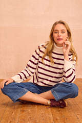 Cashmere Blend Striped Roll Neck Jumper | Cream/Fig