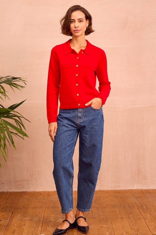 Cashmere Blend Collared Cardigan | Red