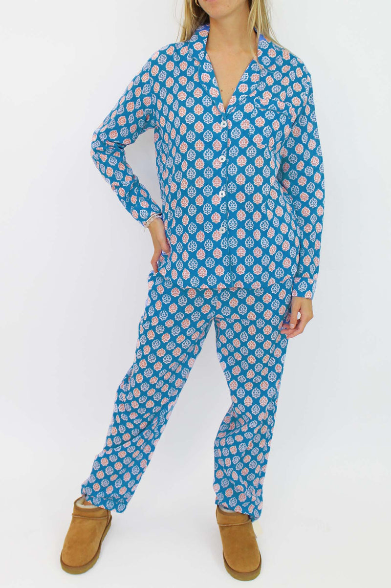 Three Piece Pyjama Set | Hyancinth Blue/Orange